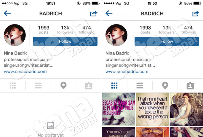 Nina Badrić - instagram - blokiran profil