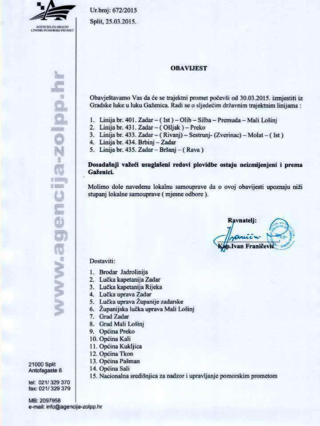 Priopćenje o izmještanju trajekta