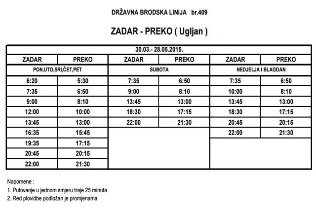 Raspored linije 409 Preko - Zadar